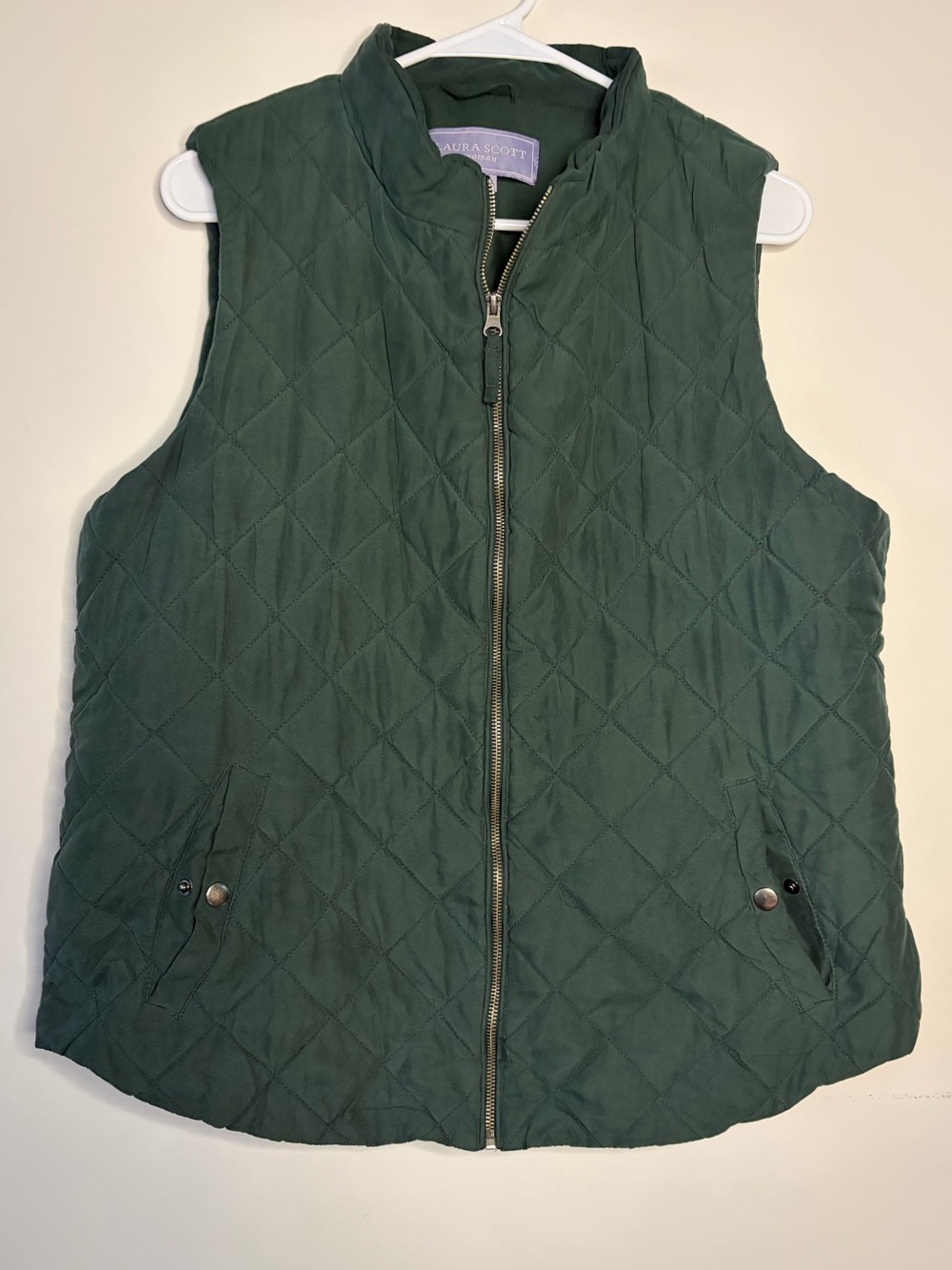 Laura Scott Dark Green Quilted Zip-Front Vest (XL)